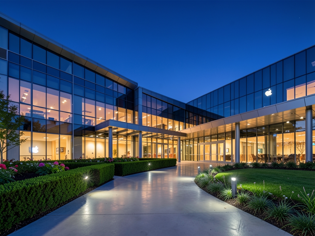 sleek glass and steel Apple campus twilight under clear indigo