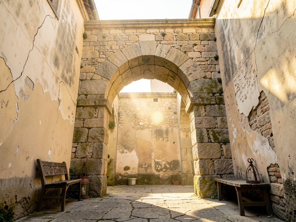 sunlit stone archway weathered European courtyard warm golden