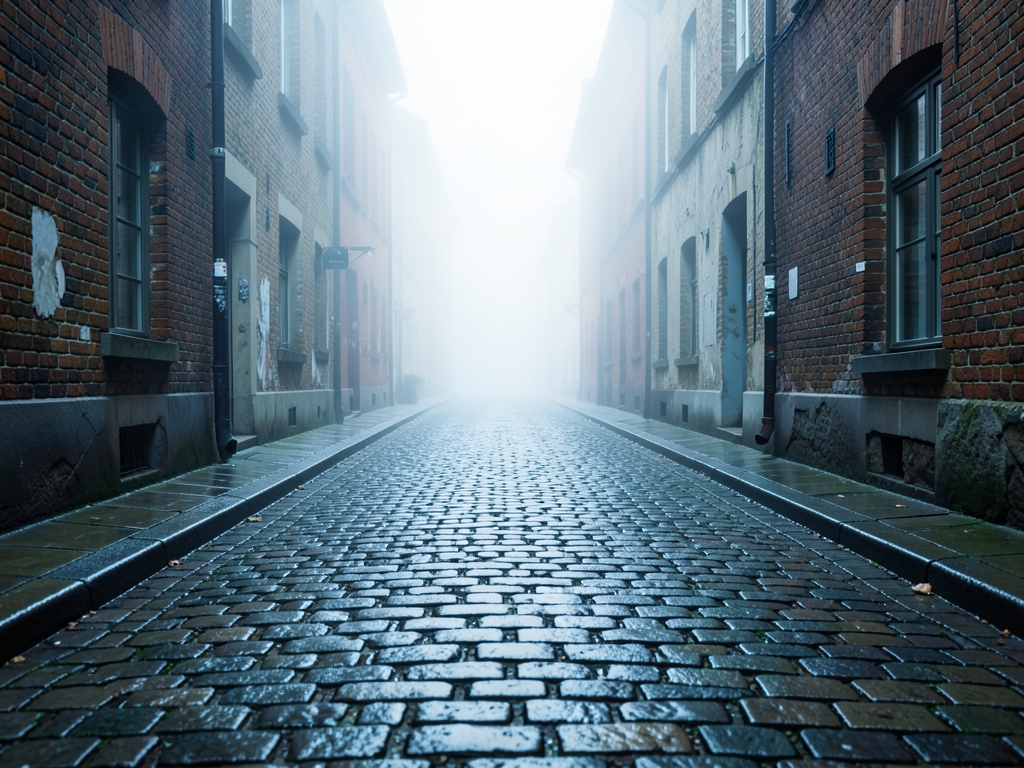misty cobblestone street lined with faded brick buildings
