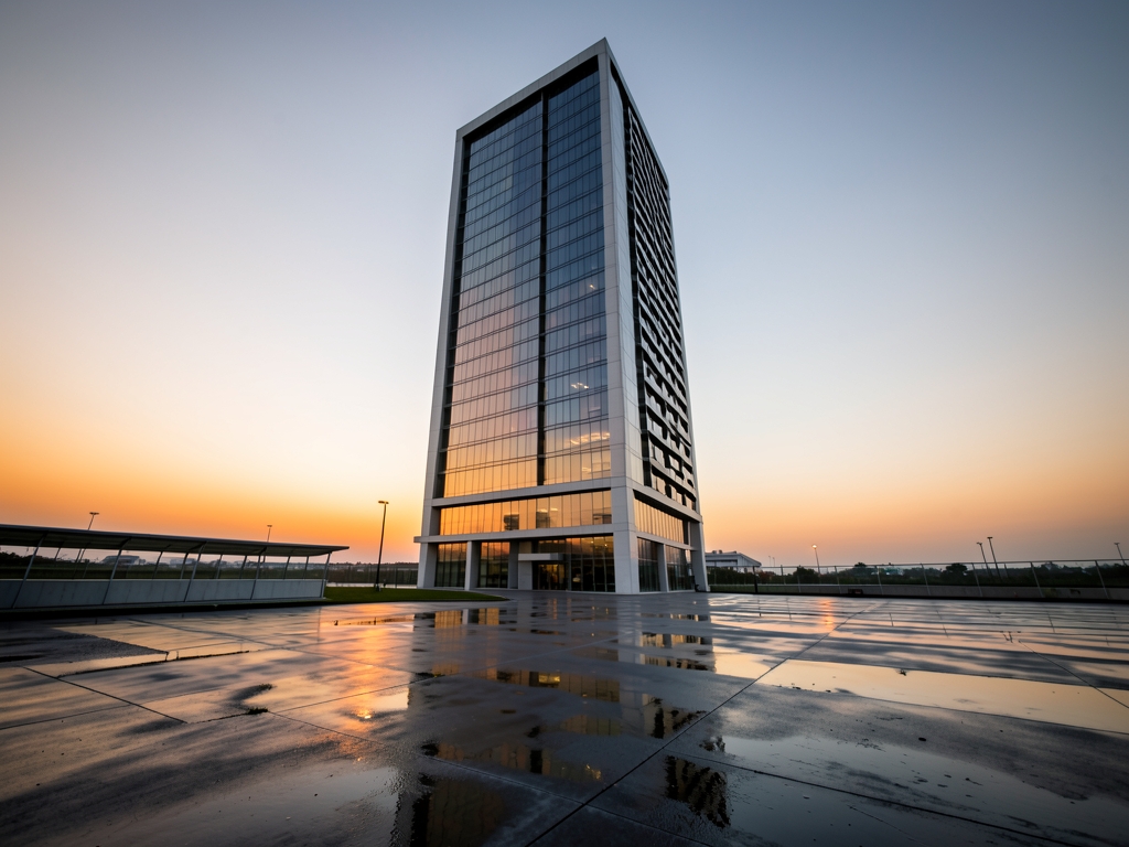 sleek modern hotel tower dusk glass façade reflecting