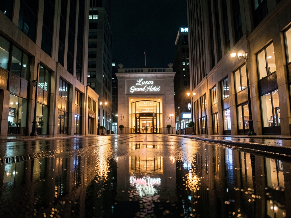 rain drenched city avenue night leading toward softly glowing