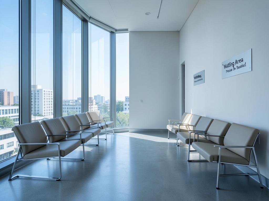 Empty modern office waiting area with rows identical