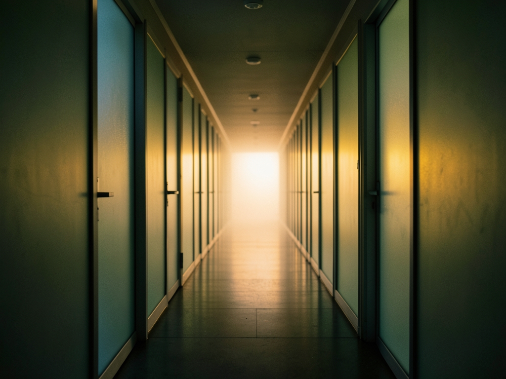 Long symmetrical hallway with frosted glass doors both