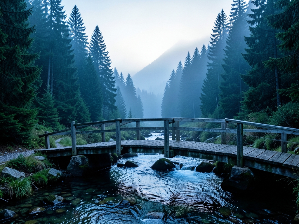 misty mountain pass dawn where weathered wooden bridges