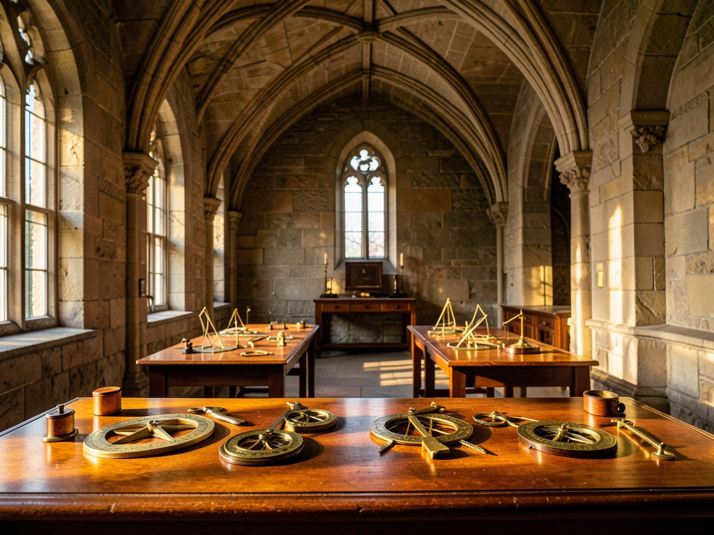 sunlit stone archive hall where geometric measuring instruments