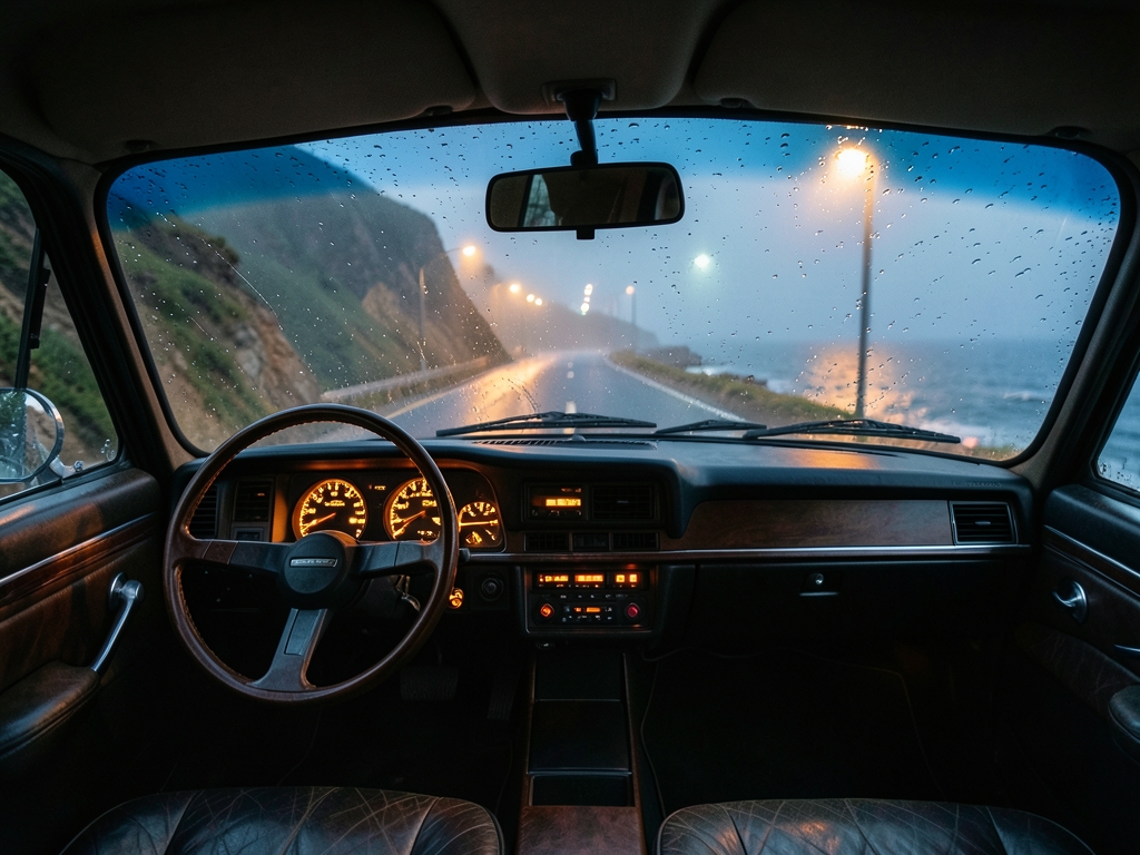 Foggy coastal road dusk with vintage interior dashboard