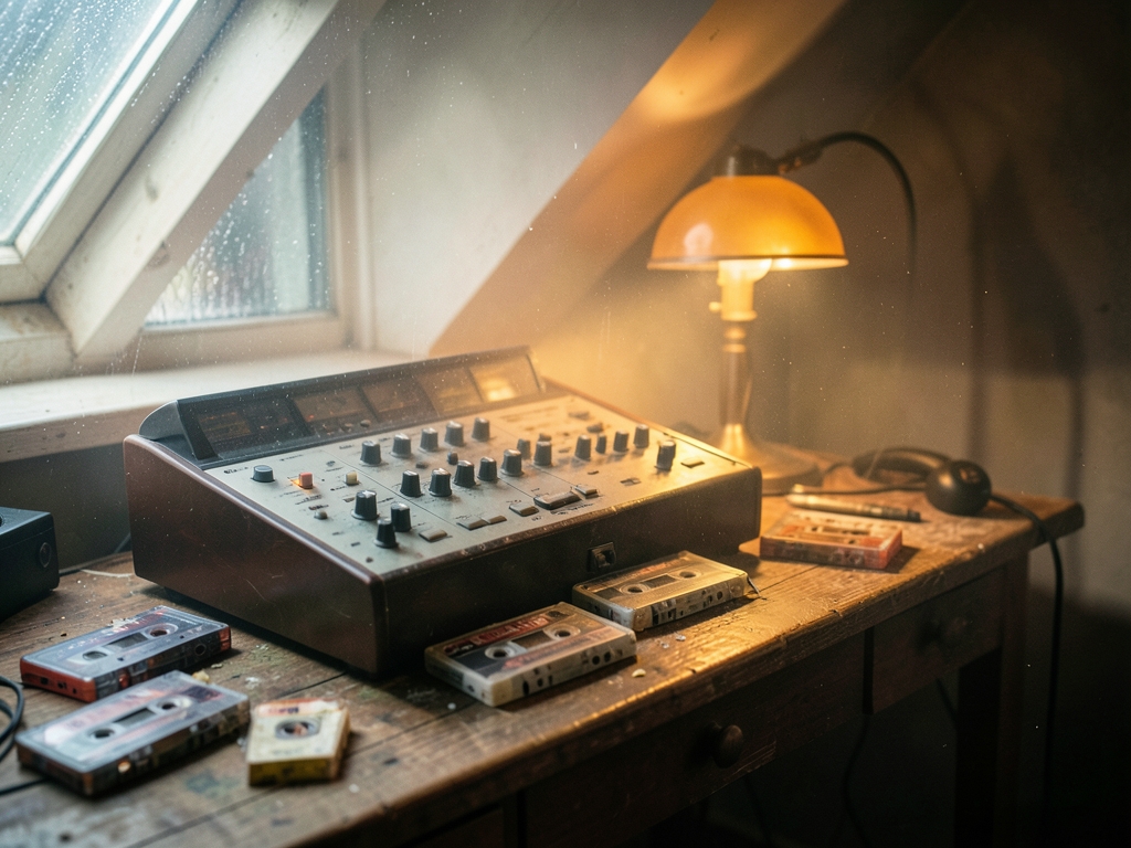 Rain streaked attic studio with wooden desk analog drum