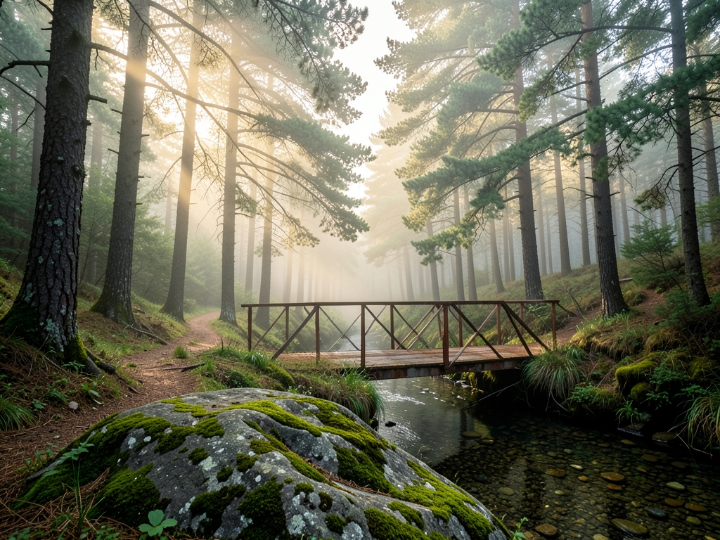 Forked misty pine forest trail soft morning light
