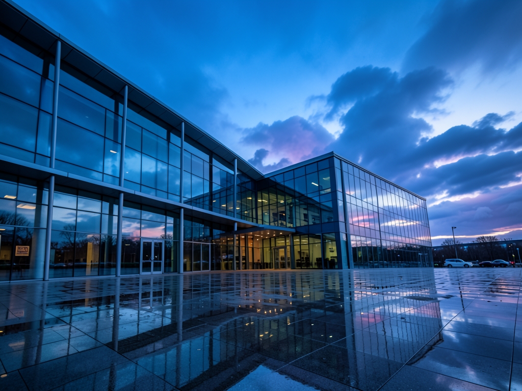 Modern steel glass government building blue hour under