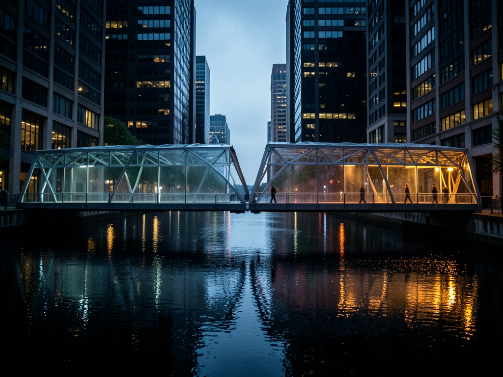 Four parallel steel and glass footbridges spanning rain slicked river between