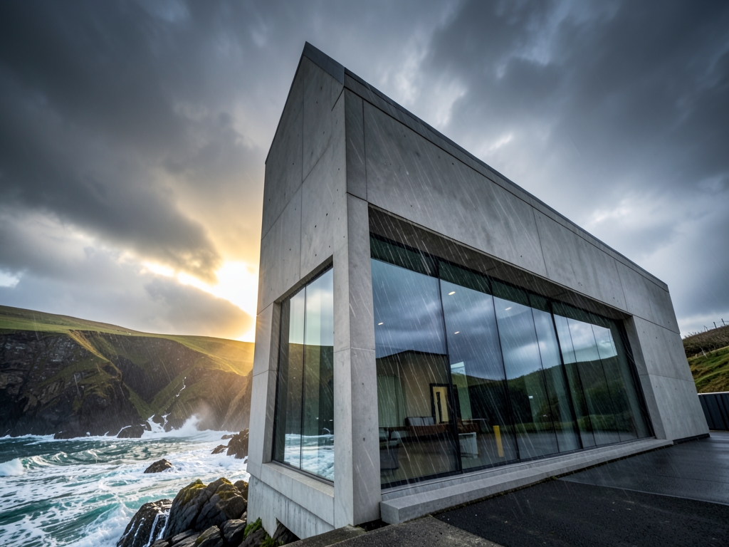 modern coastal building with clean concrete glass walls