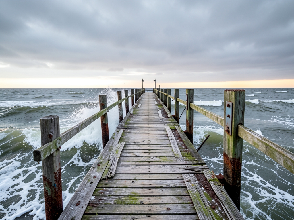 weathered wooden pier extending into churning gray under
