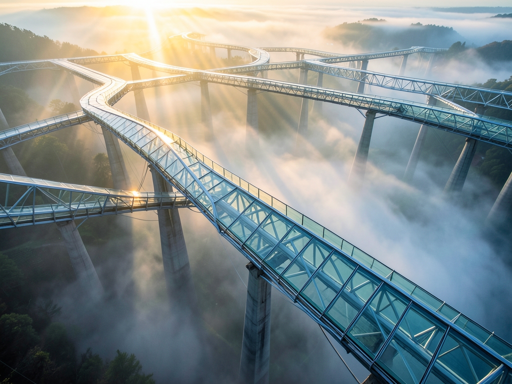 Aerial view geometric network glass bridges spanning misty
