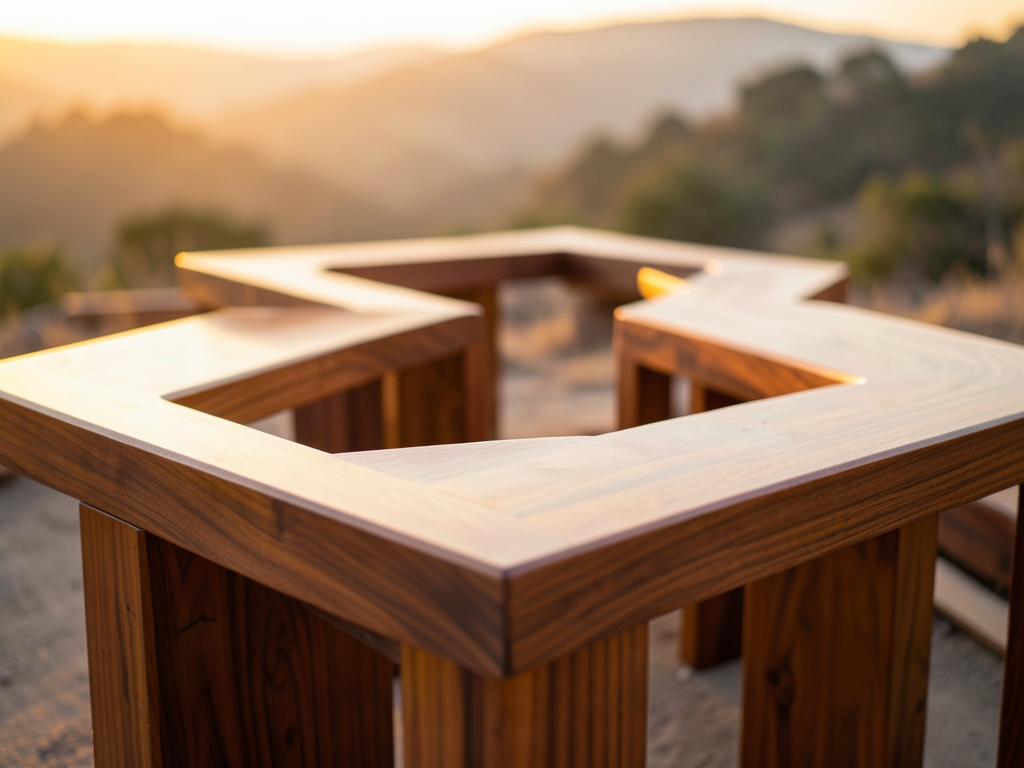 Minimalist workshop landscape golden hour featuring smooth wooden