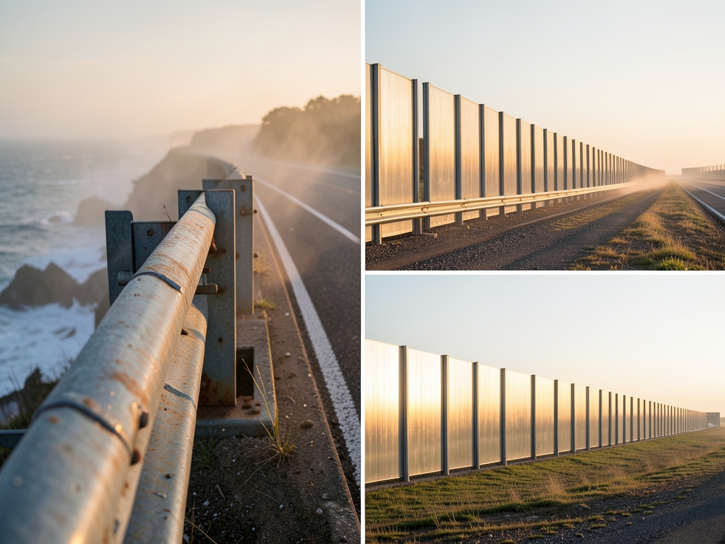 towering steel guardrail stretching along misty coastal highway