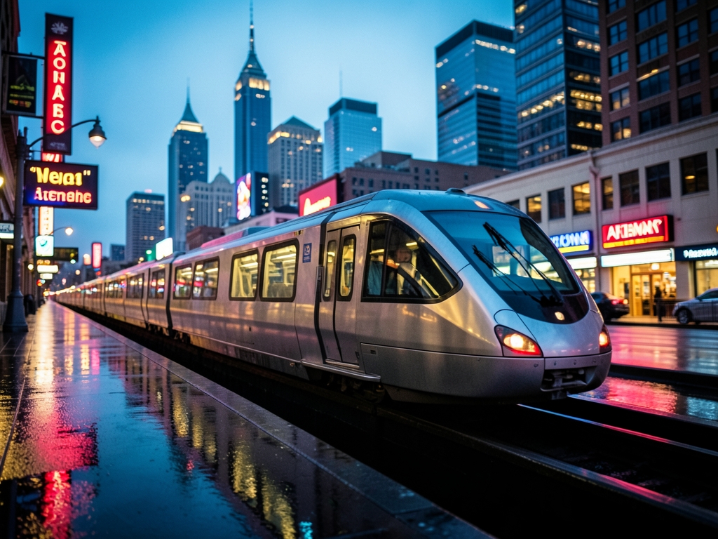 sleek metallic monorail glides silently through rain slicked Atlanta