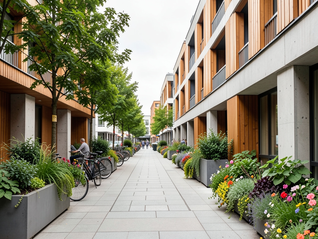 Car free tree lined street with contemporary wood concrete apartment