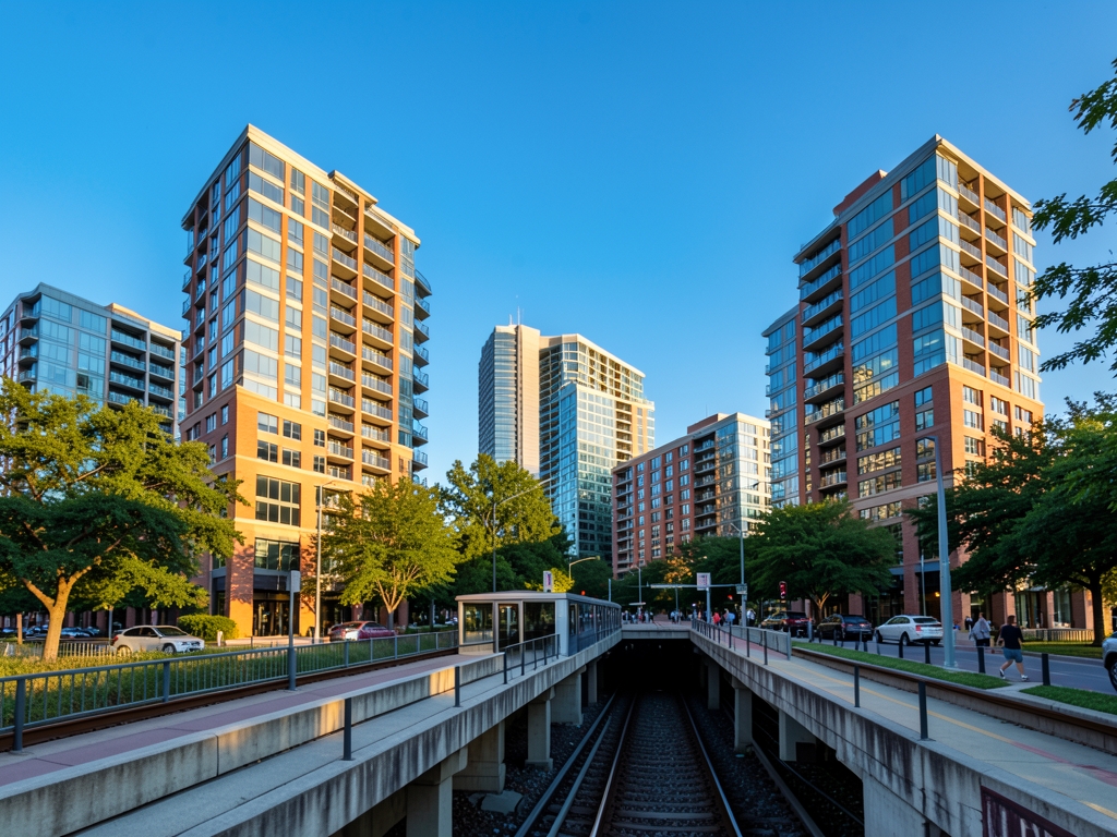 Modern glass brick apartment buildings clustered around Atlanta