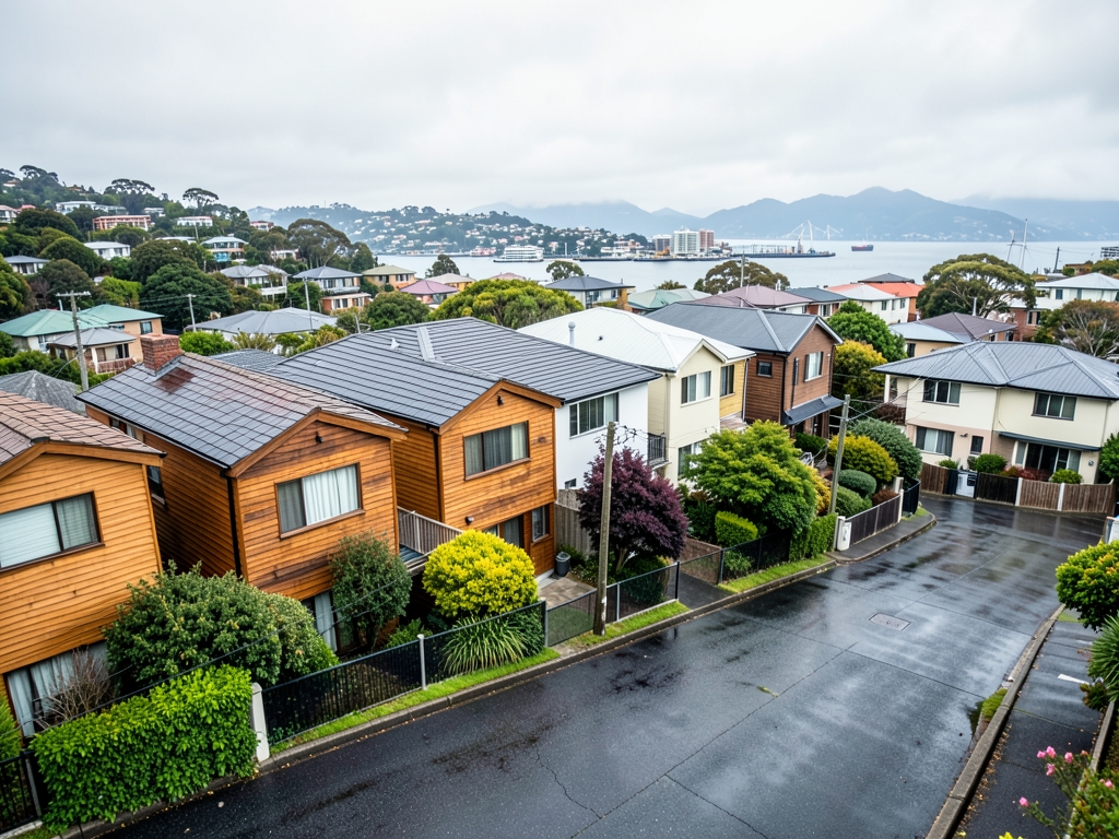 Auckland hillside suburb with compact timber townhouses beside