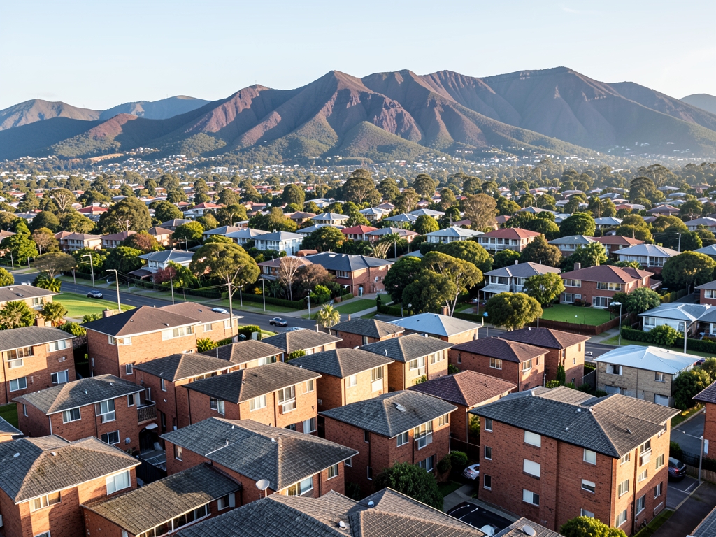 Elevated view across Auckland housing developments dense brick