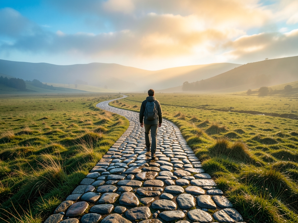 lone traveler walking smooth stone path through misty