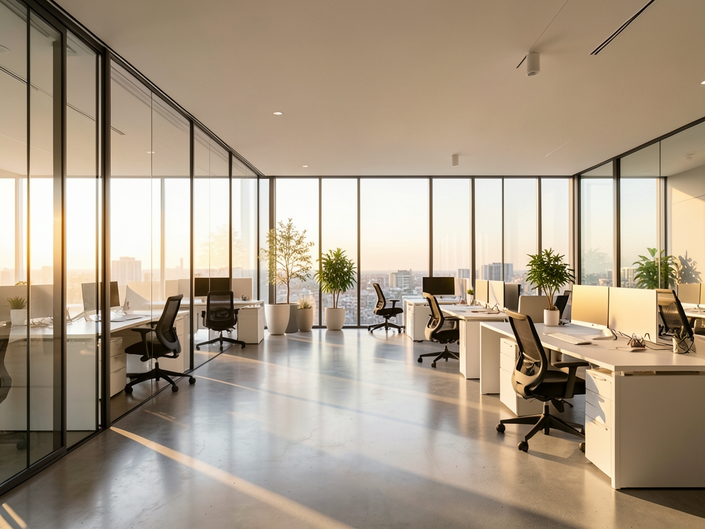bright modern glass walled office dawn with clean geometric