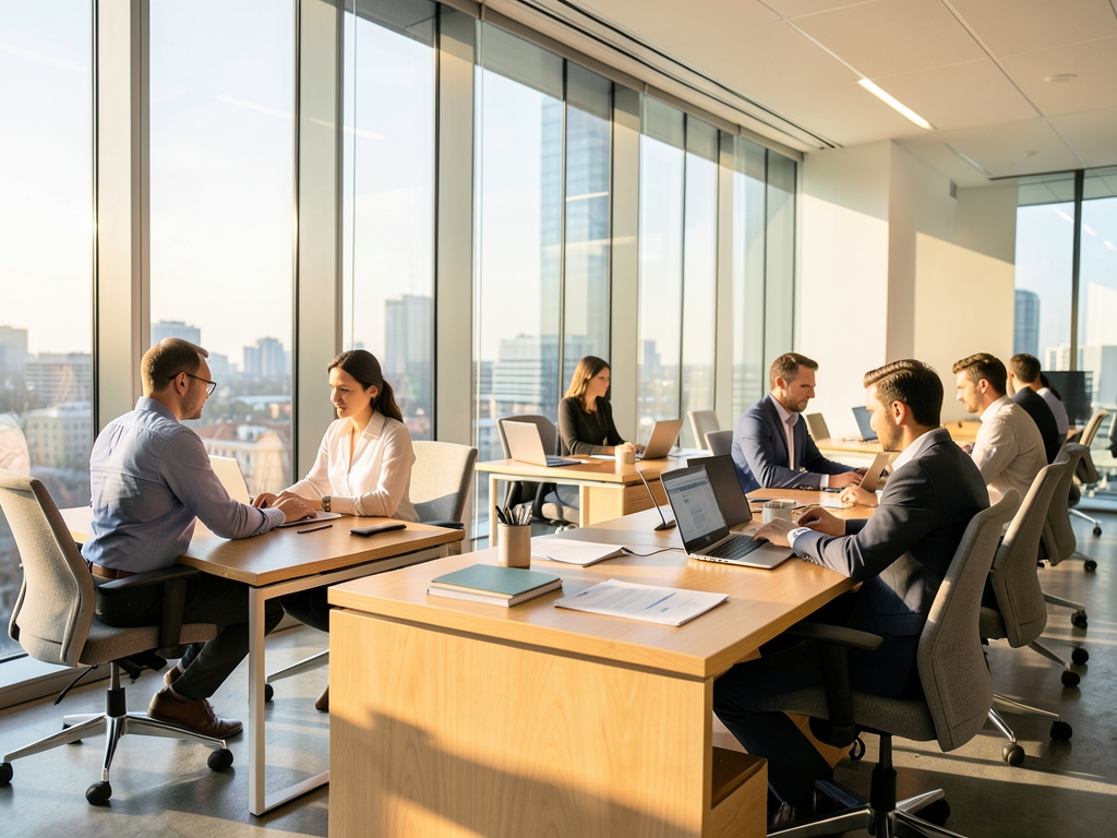 Sunlit modern office with glass walls wooden desks