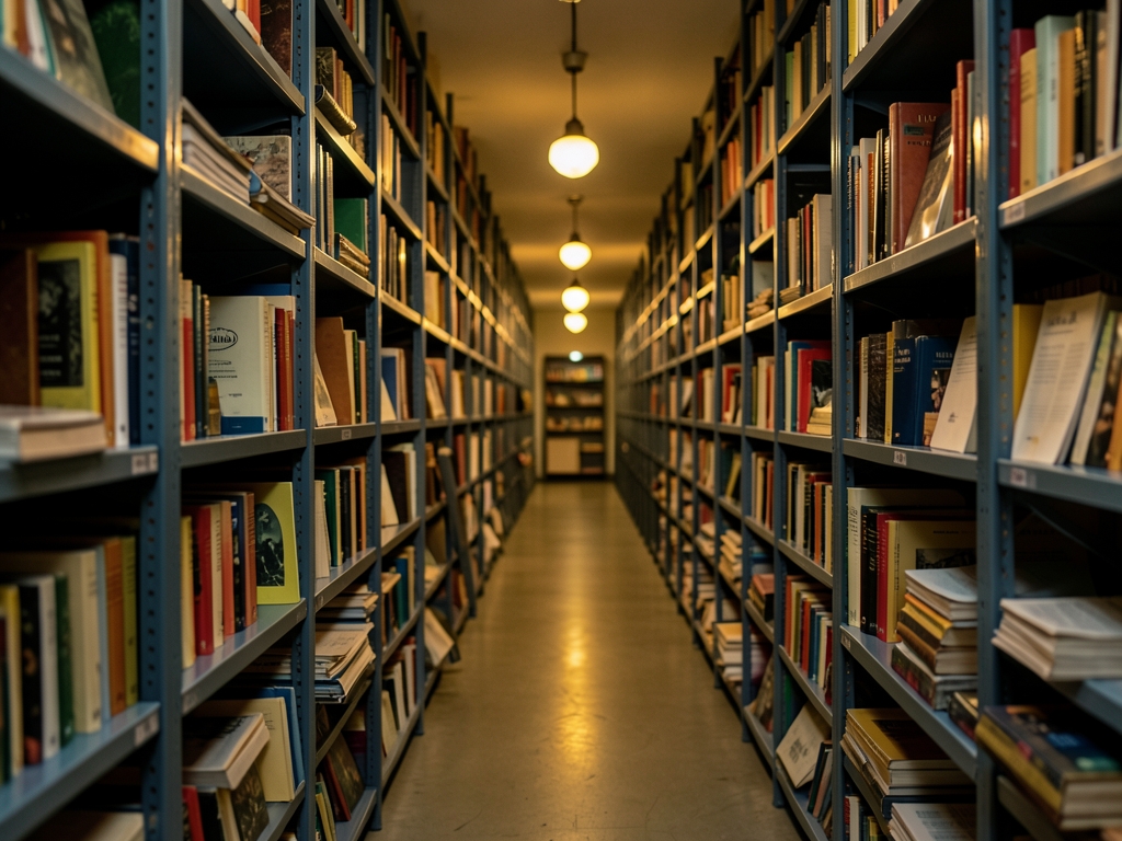 Long archive corridor with tall metal shelves fading
