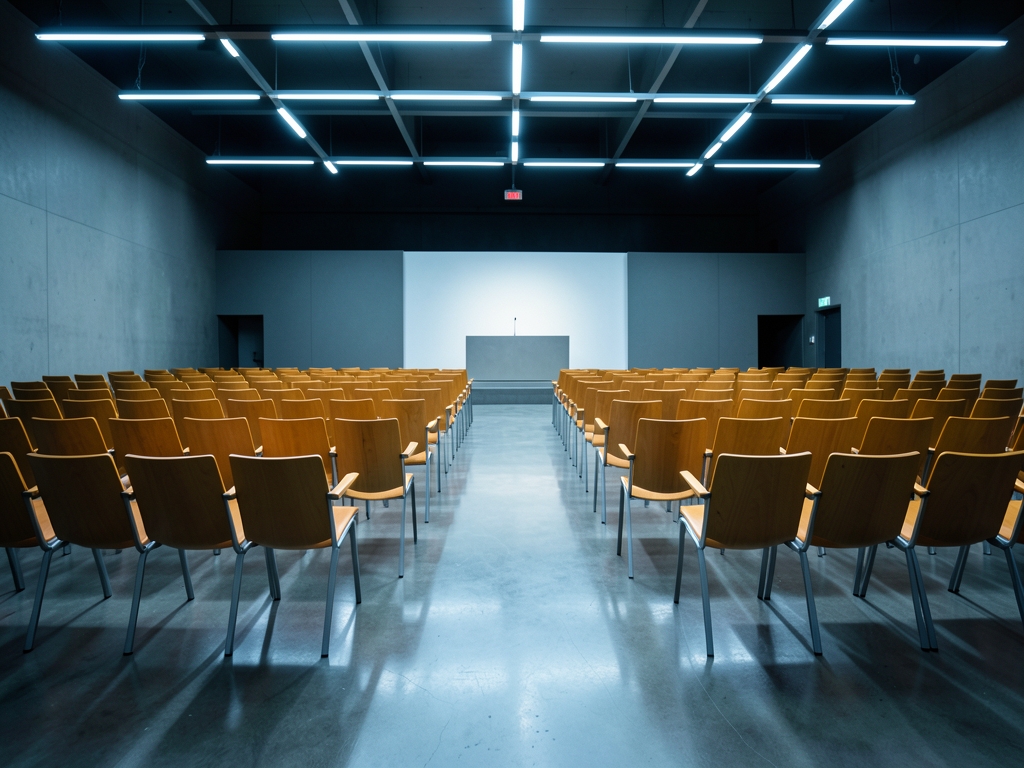 stark modern auditorium with rows empty wooden chairs