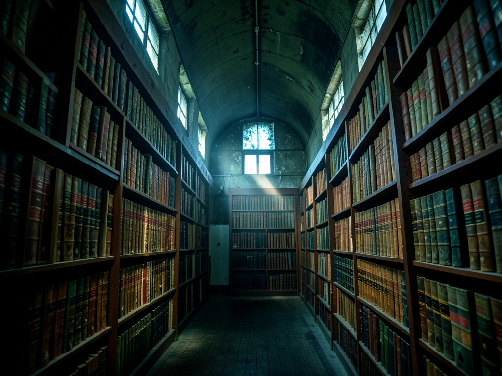dimly lit cavernous archive room with towering shelves