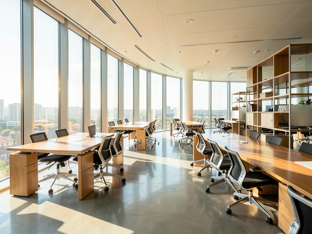 Sunlit modern glass office interior with polished wood