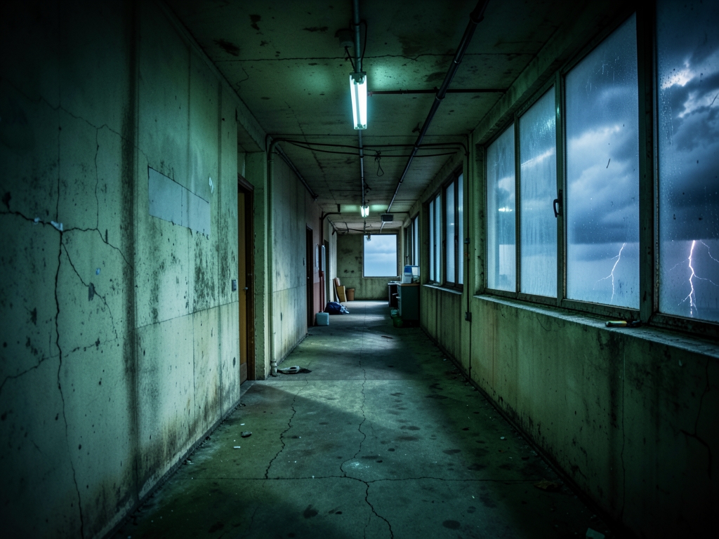 Weathered concrete office hallway under heavy storm clouds