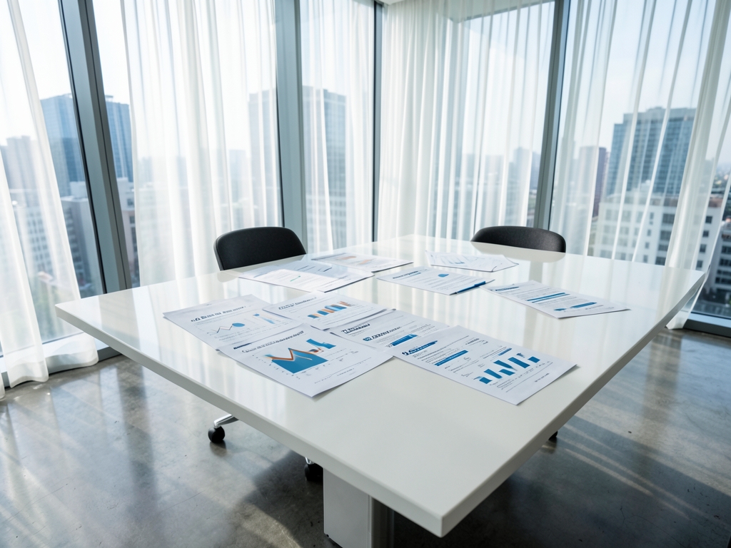 Modern glass walled conference room with minimalist white table