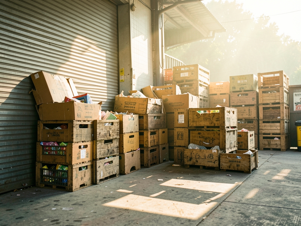 Sunlit vendor warehouse loading dock with cardboard crates