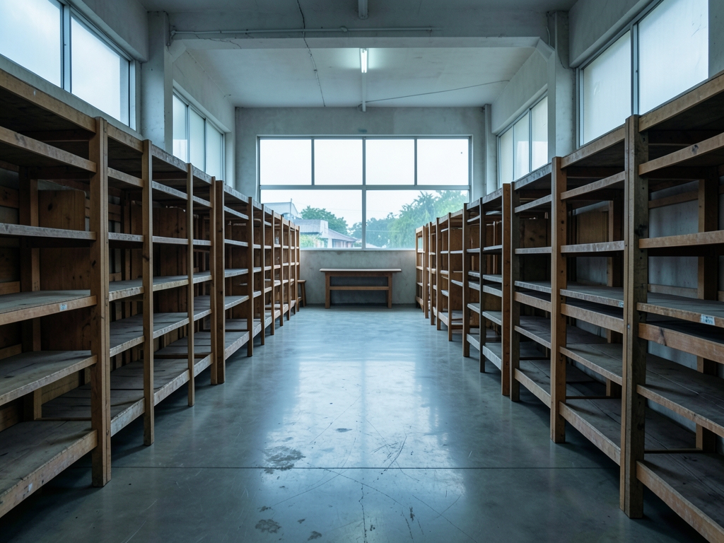 Empty neighborhood market interior with wooden shelves concrete