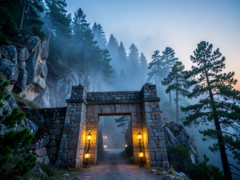 Quiet stone mountain gateway dusk with warm lantern