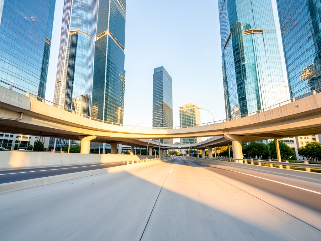 Bright open concrete highway interchange sweeping past modern