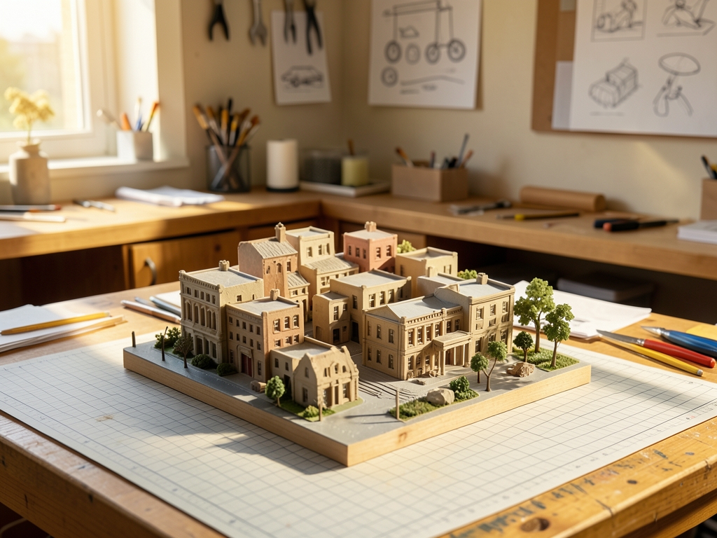 sunlit model workshop with compact plaster and wood city maquette