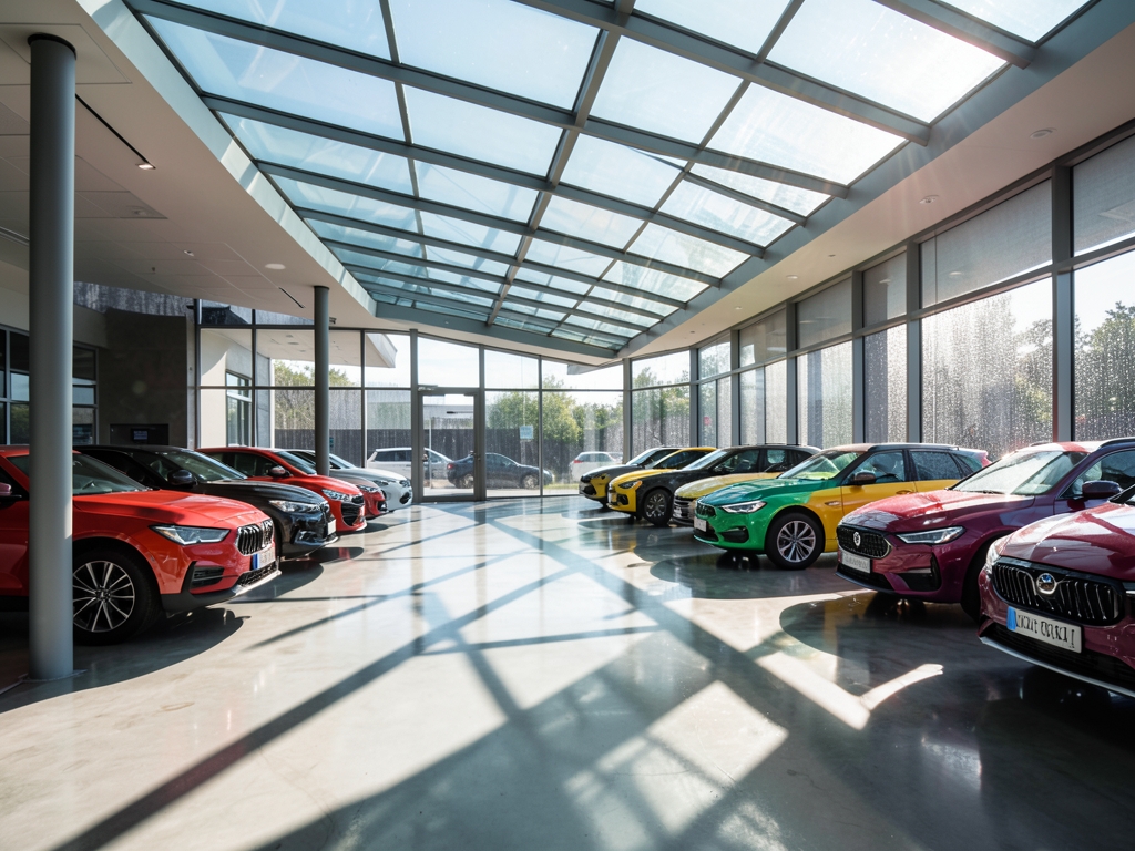 Sunlight streams through glass canopy modern automotive dealership