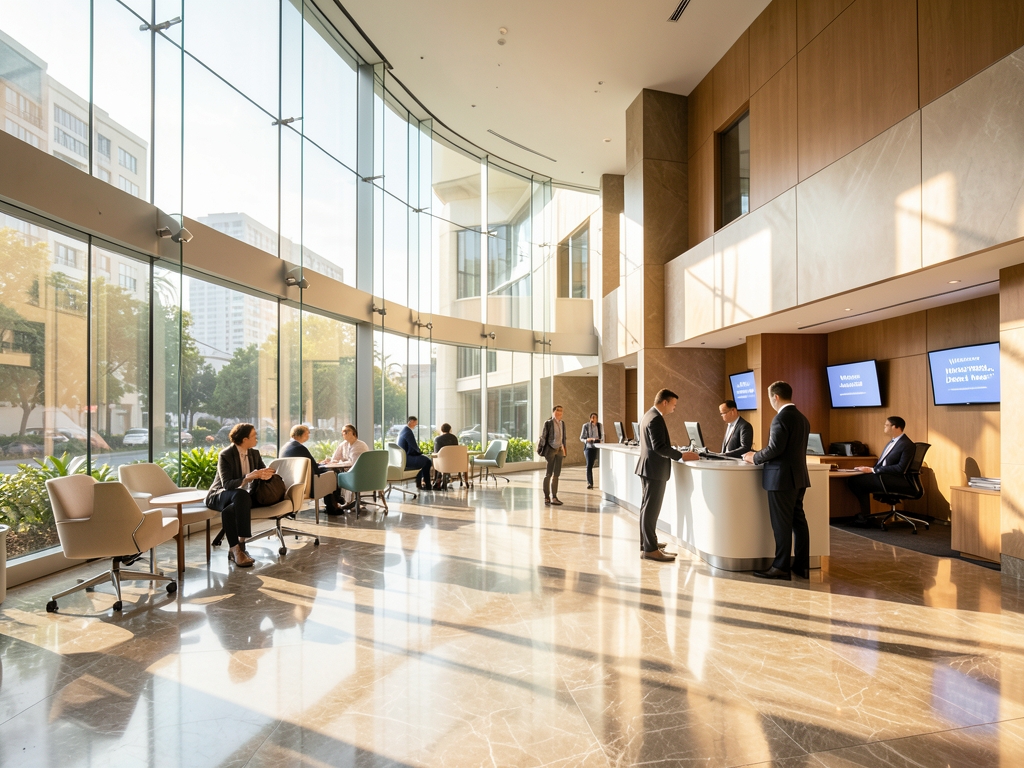 Sunlit modern bank hall with marble floors glass