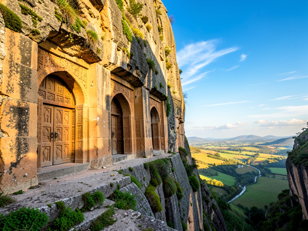 Four arched doorways carved into cliff face leading