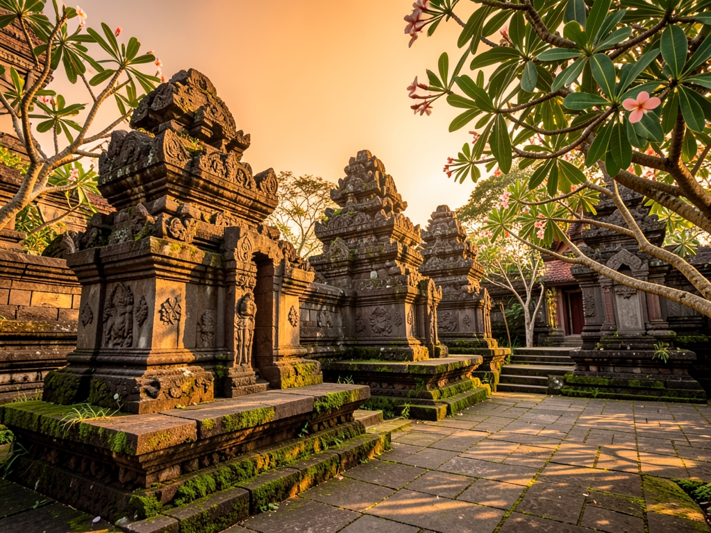 golden hour view traditional Balinese temple courtyard with