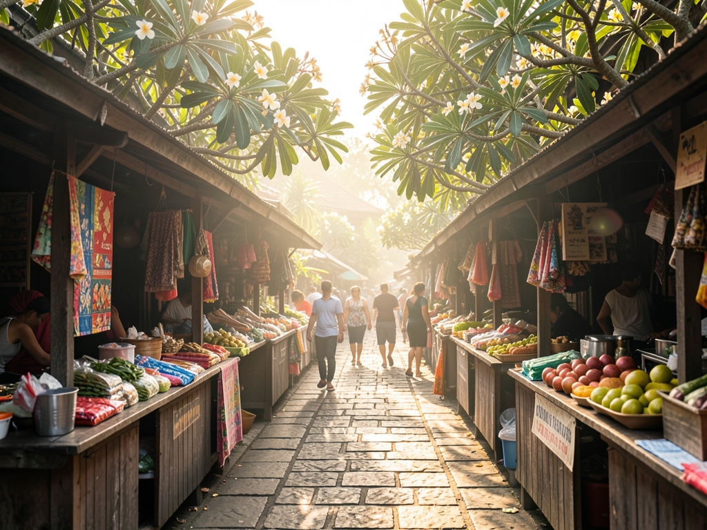 Narrow stone paved market alley Bali with wooden stalls