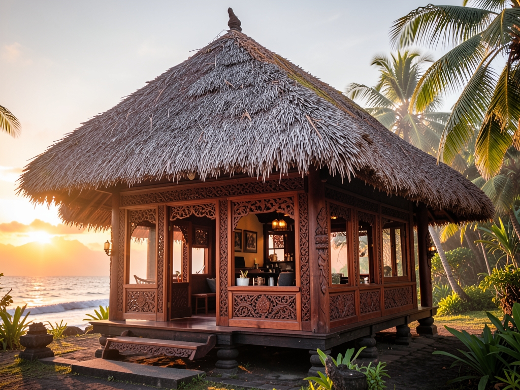 Balinese open air boutique with carved wood thatched roof
