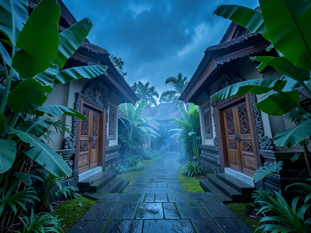 narrow stone pathway winding between identical Balinese garden