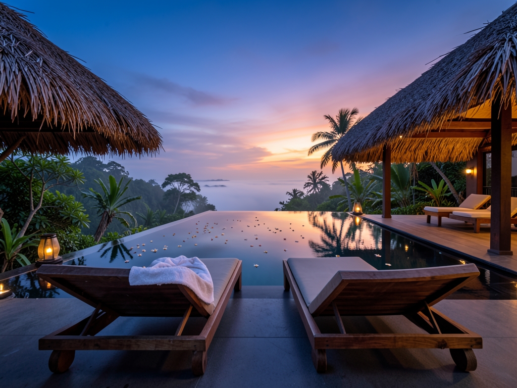 cliffside Balinese villa infinity pool dusk with identical