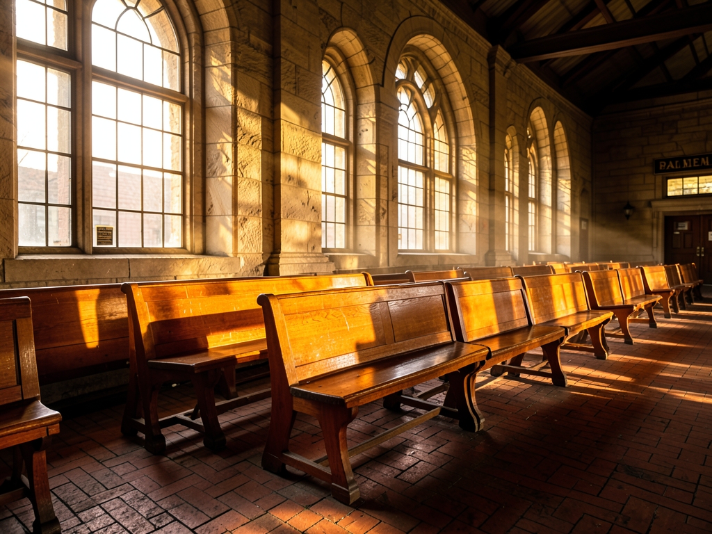 Sunlight filters through arched stone windows historic Baltimore