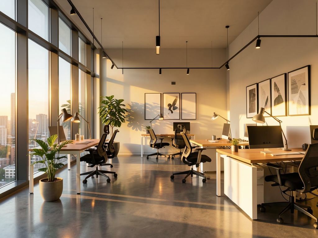 sleek modern office interior bathed warm golden glow