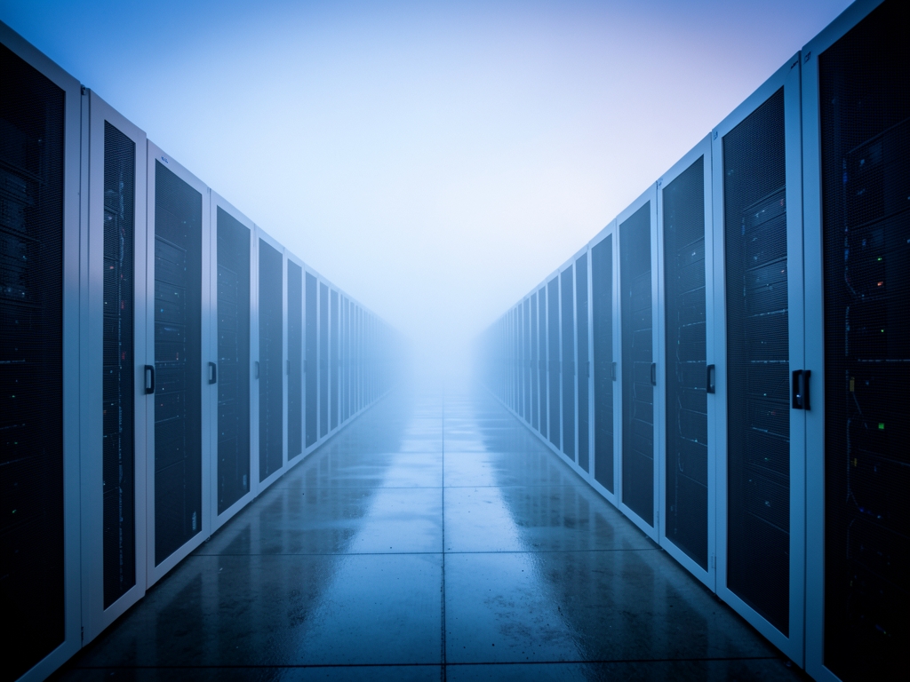 misty dawn over sprawling data center campus with