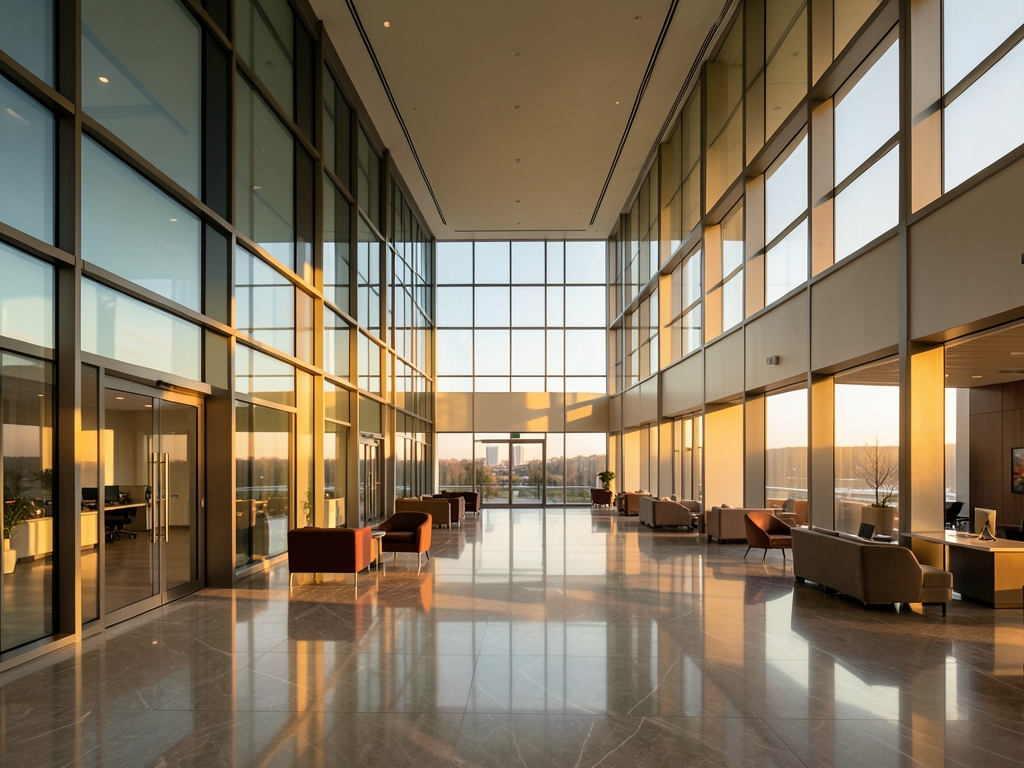 vast modern glass and steel banking hall golden hour warm
